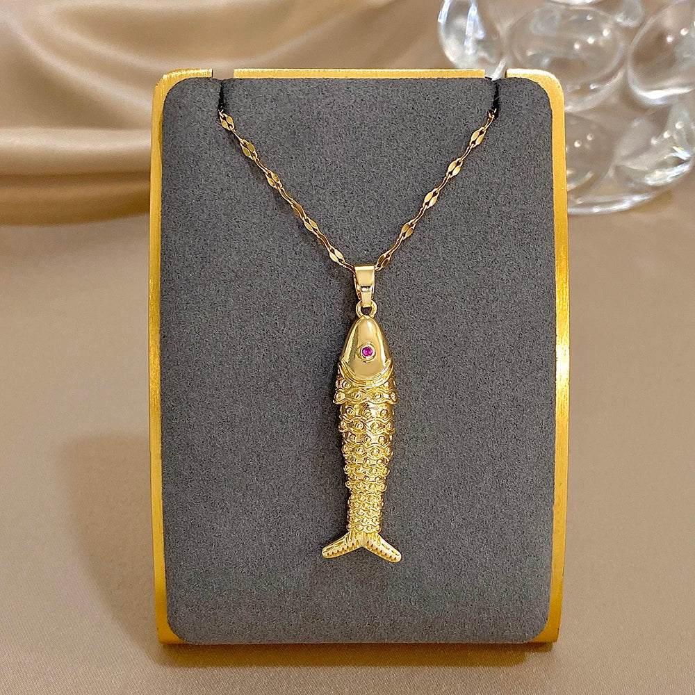 18K Gold Plated Stainless Steel Fish Pendant Necklace For Women Creative Ocean Series Clavicle Choker Chain Jewelry Gifts