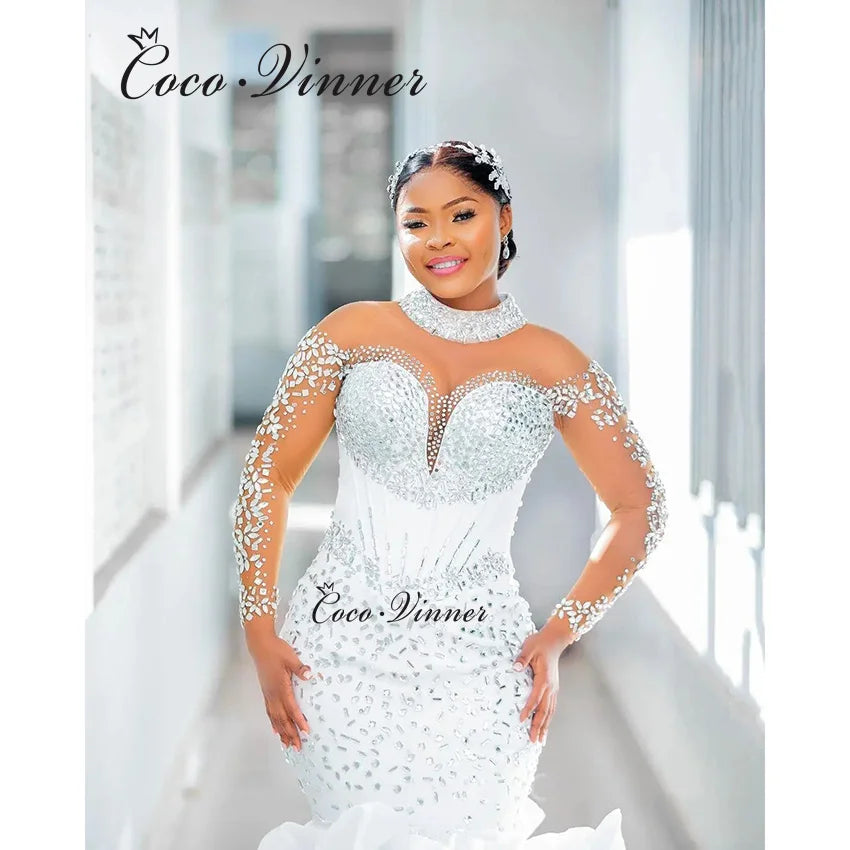 Customized American Luxury Mermaid Wedding Dresses 2026 Organza Ruffles Crystal Beading Quality Wedding Dress For Brides W1406