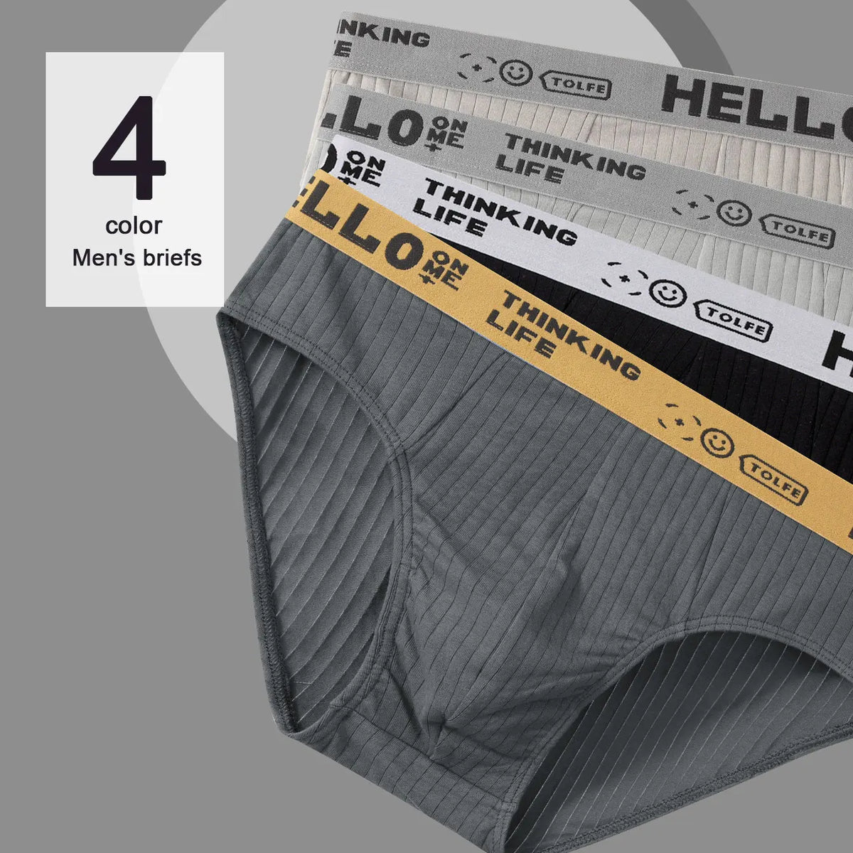 4-Pack Men's Cotton Briefs - “HELLO” & “THINKING LIFE” Waistbands, 4 Colors