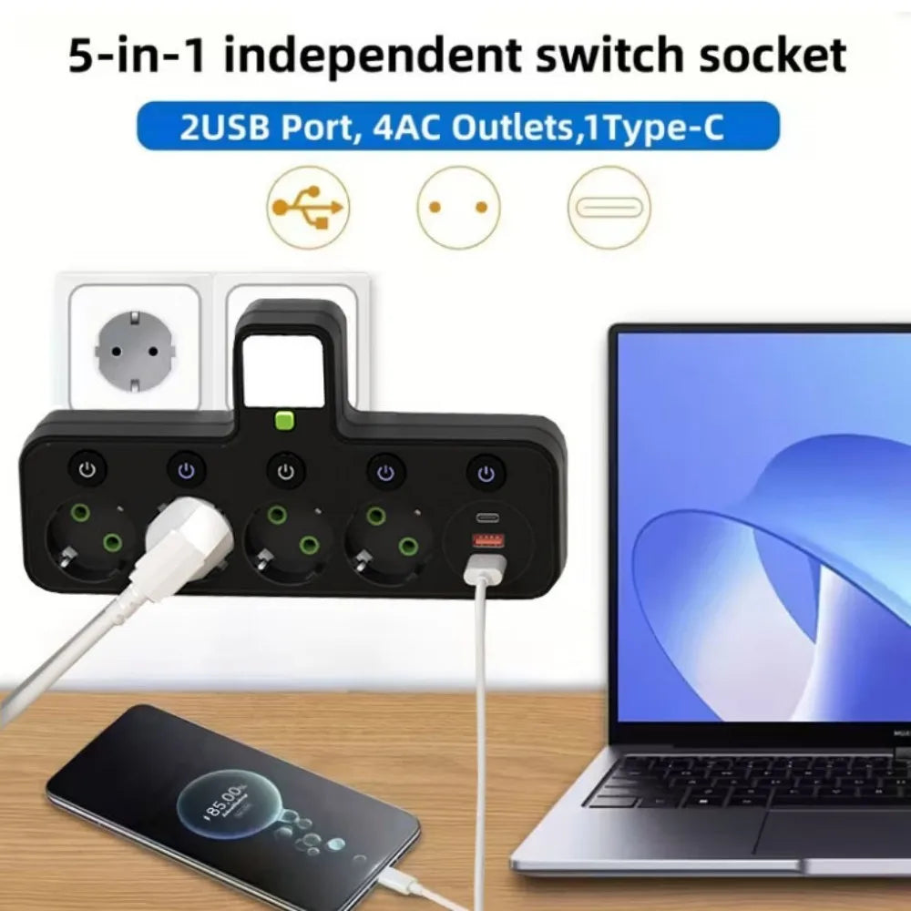 EU Plug Power Strip Outlets,4 Sockets with 2 USB Type-C port Wall Charger Two specifications for Home Offices Power Socket