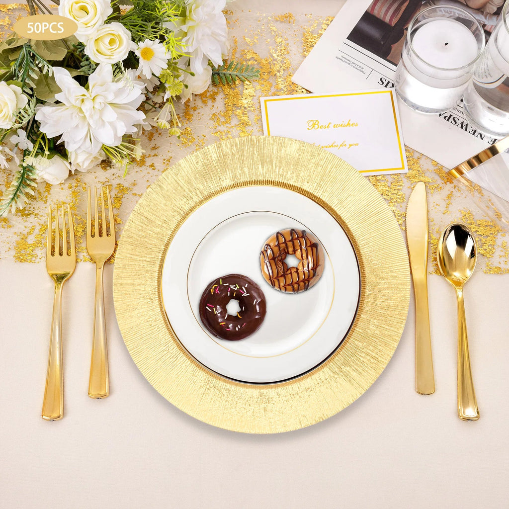 50-Pack Gold Charger Plates – Pp – 12.99" – Spray Painted – Stackable – for Wedding Party Banquet Table Decor – 17.64 Lbs