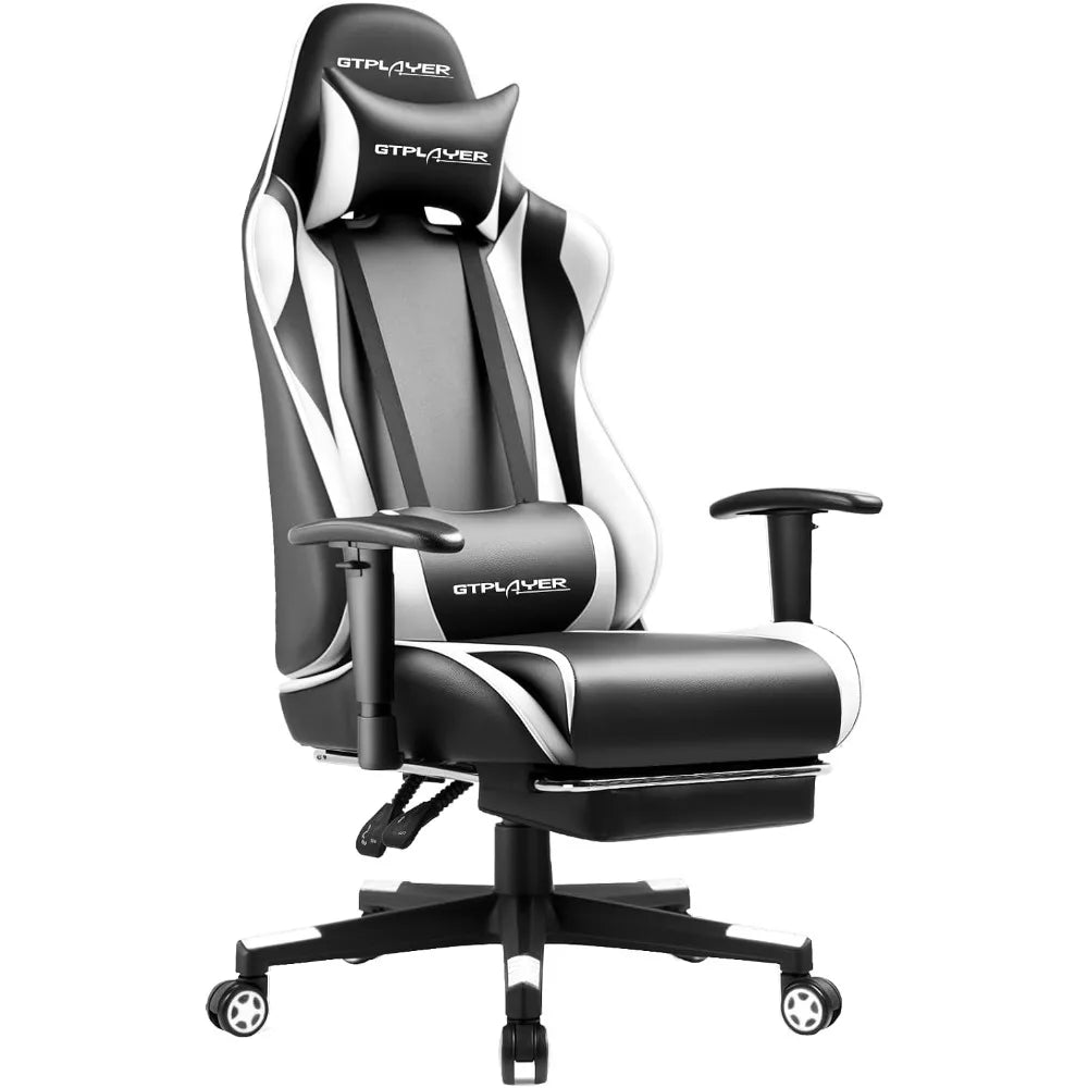 GTPLAYER Gaming Chair with Footrest, Ergonomic Computer Desk Chair, Reclining Swivel with Headrest and Lumbar Support, White