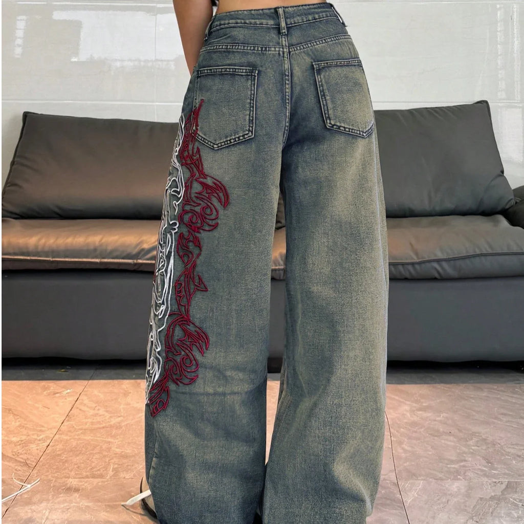 American Street Hot Item Women Vintage Mud Washed Wide Leg Jeans Abstract Side Embroidery High Waist Baggy Y2K Spicy Pants