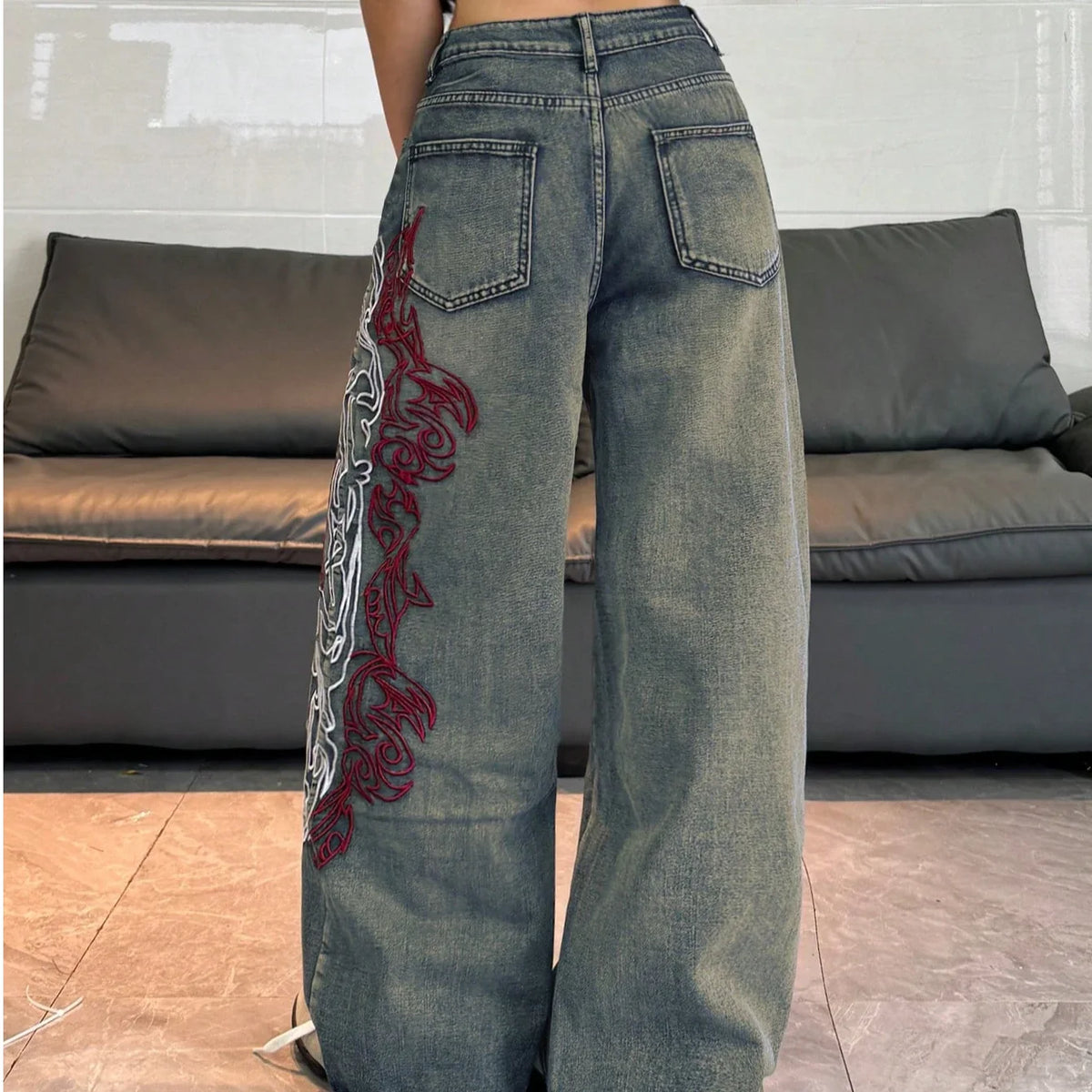 American Street Hot Item Women Vintage Mud Washed Wide Leg Jeans Abstract Side Embroidery High Waist Baggy Y2K Spicy Pants