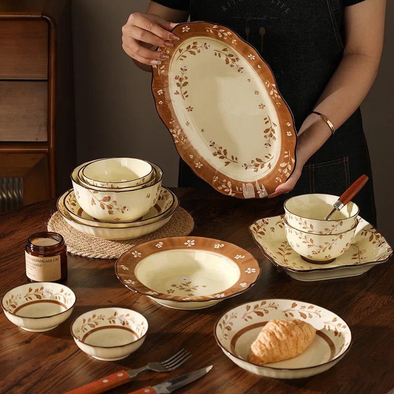 Household Retro Underglaze‑Color Ceramic Dinnerware Set Stylish Rice Soup Bowls Plates Combo Set for Daily Home Dining Tableware