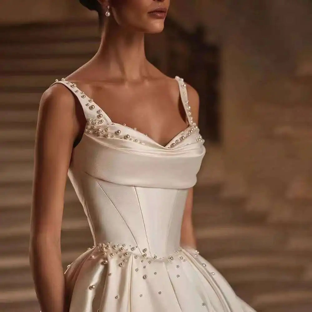 Pearls A-Line Wedding Dresses Straps Sweetheart Long Train Bridal Gowns Lace Up Back Customized 2025