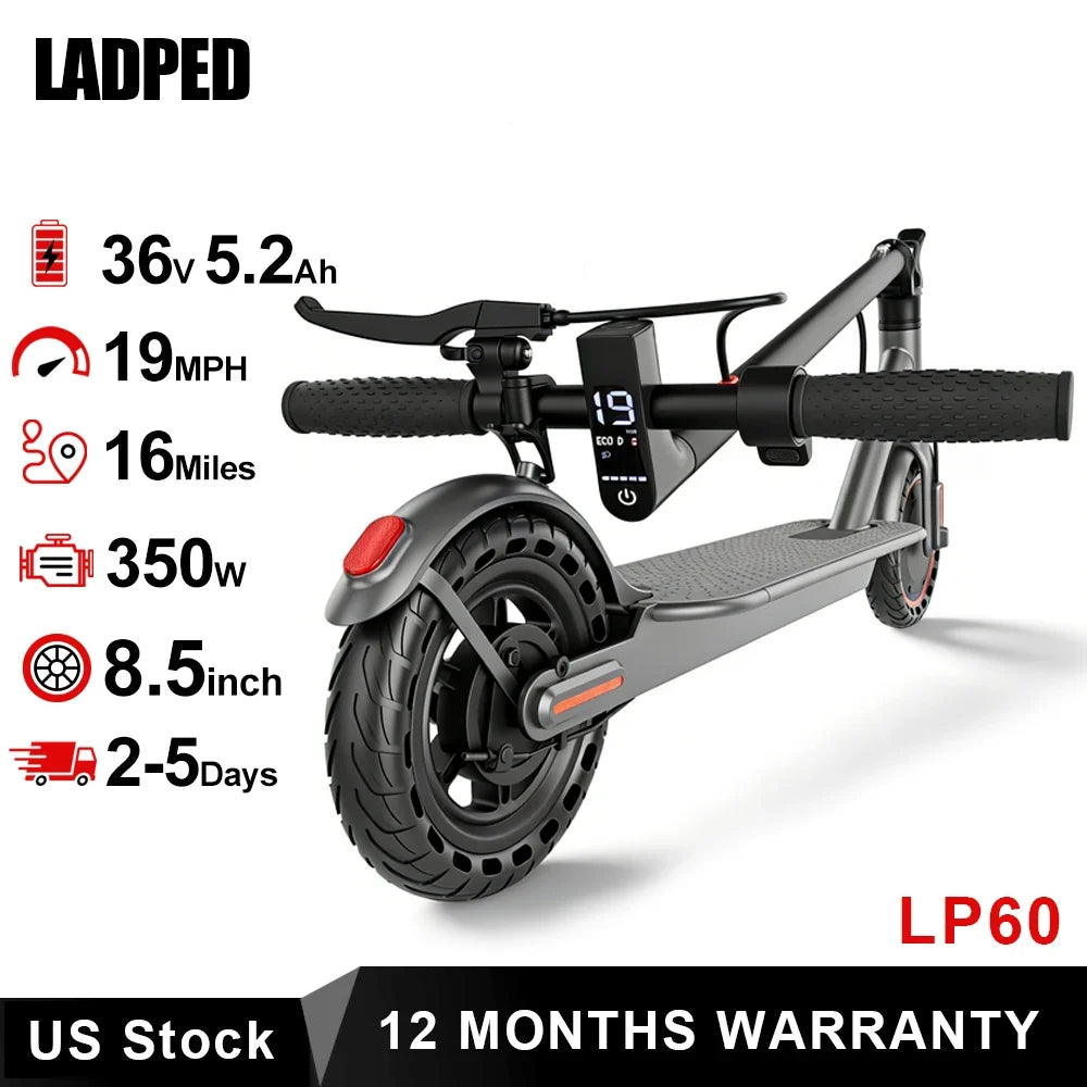 2026 LADPED LP60 Electric Scooter 350W Max 19mph Speed 8.5inch Tire Folding Design with 16 Miles Range for Adult Urban Commuting