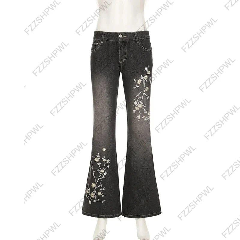 Women's Floral Embroidered Jeans Spring and Autumn Retro Low-Rise Flared Pants Loose Knit Basic Style All-match Streetwear 2000s