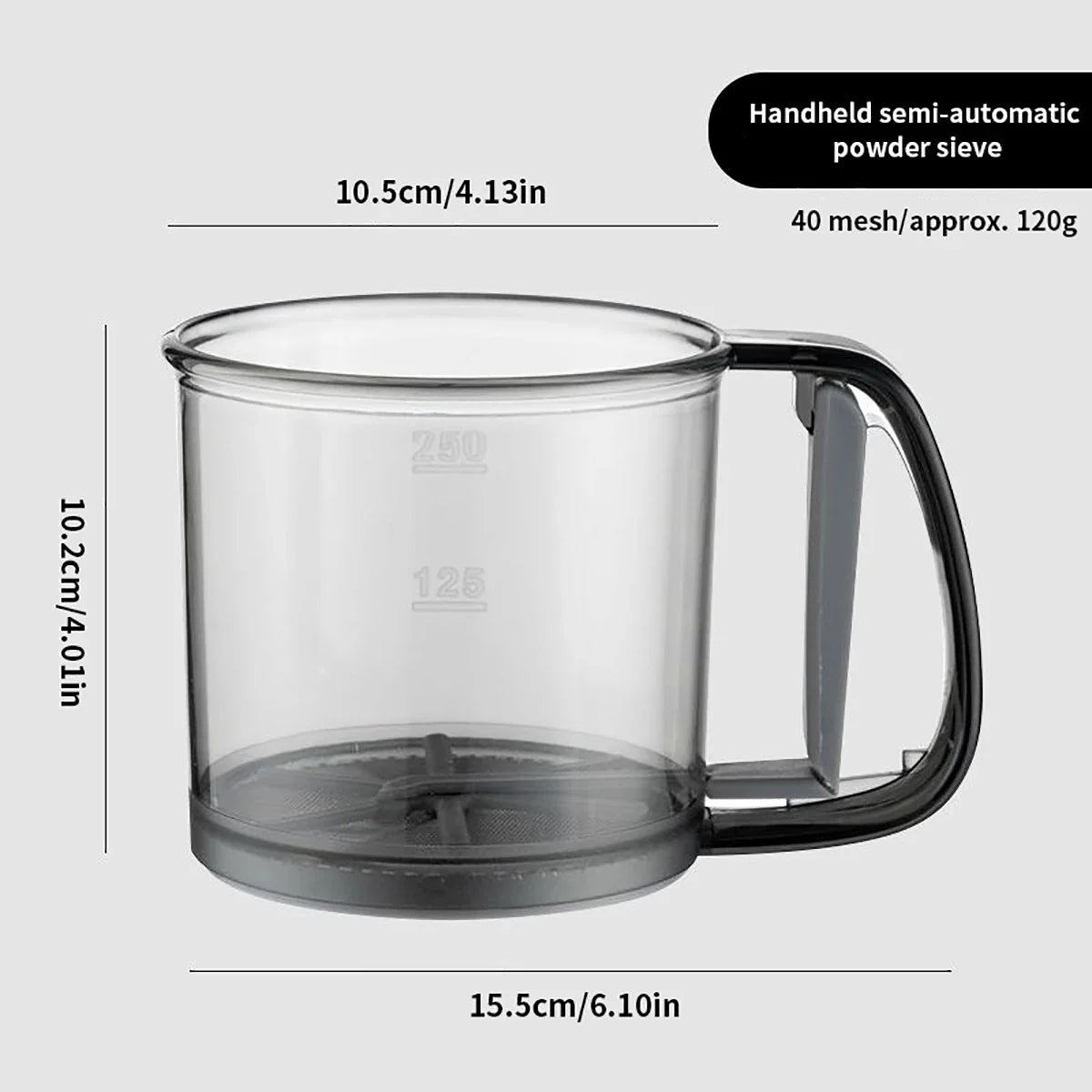 Kitchen baking, cake flour sieve, 40 mesh semi-automatic filter sieve, flour sieve with capacity scale