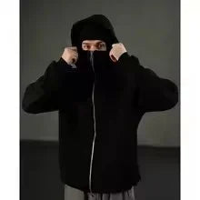Men's Balaclava Zip Hoodie, Winter Warm Face Mask Hooded Jacket