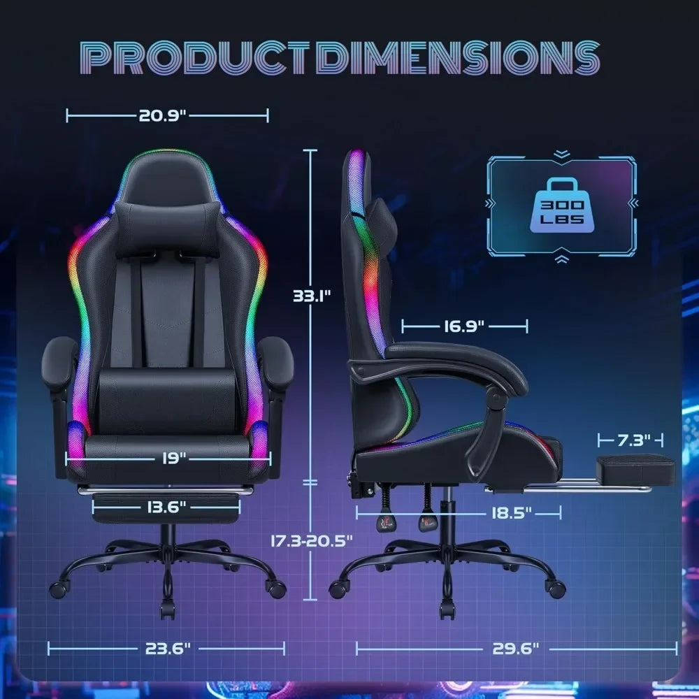 Chair with RGB LED Lights, Video Game Chair with Footrest and Massage Lumbar Support, High Back Reclining