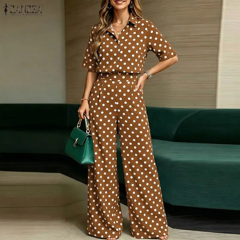 Stylish Polka Dots Outfits Women 2 Pieces Pants Sets ZANZEA Summer Lapel Neck Short Sleeve Shirt Office Wide Leg Trousers Suit
