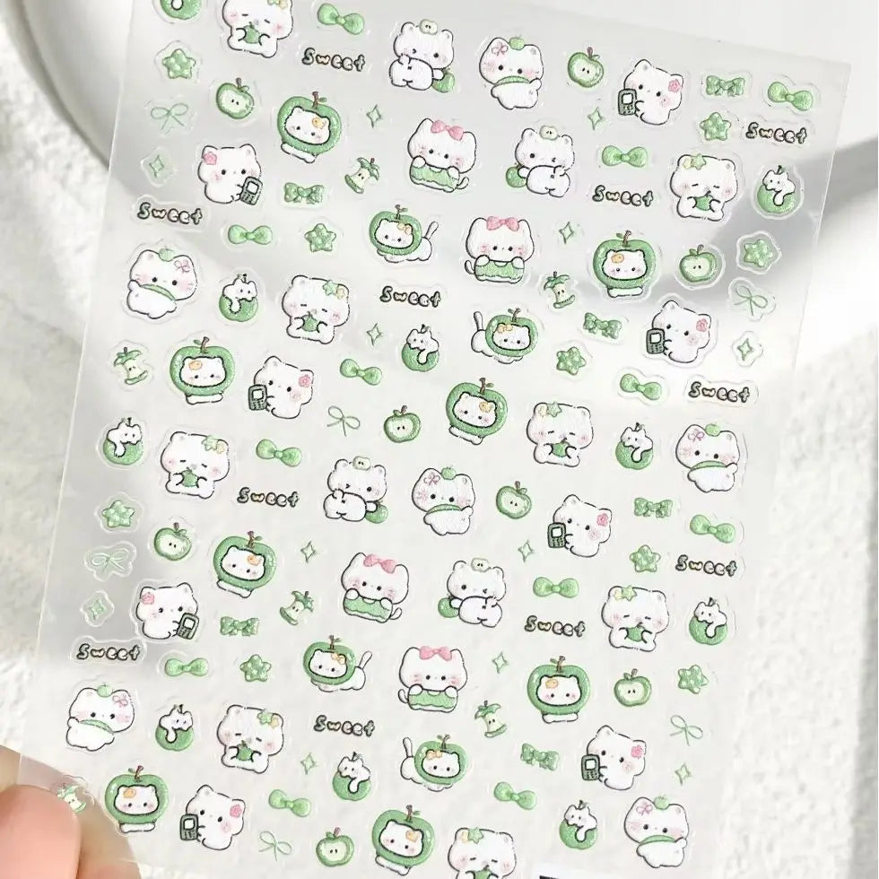 Cute Green Apple Kitten Four-leaf Clover Embossed Stickers for Lighters, Water Cups, Phone Cases DIY Decoration, Nail Stickers