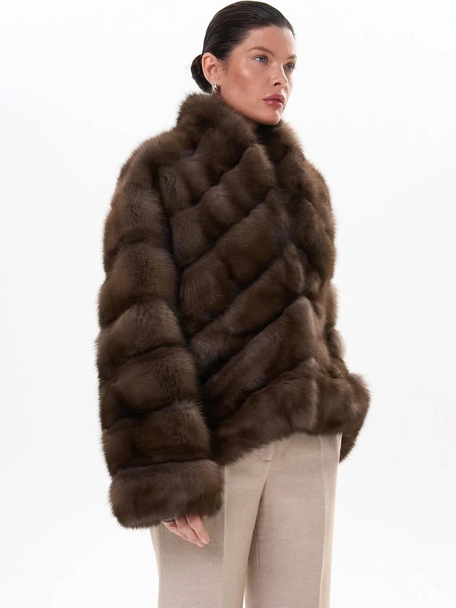 Women Winter Faux Fur Coat 2026 Warm Taupe Fluffy Plush Jacket Striped Patchwork Elegant Outerwear