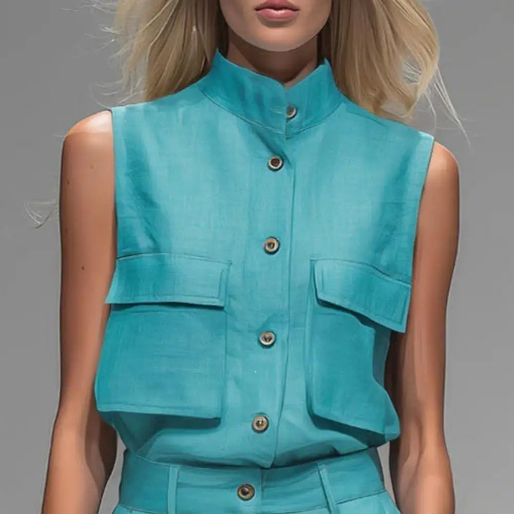 Elegant Sleeveless 2 Piece Sets Sleeveless Shirt Two Piece Outfit Stand Collar Pocket Blouse High Waisted Wide Leg Pants Sets