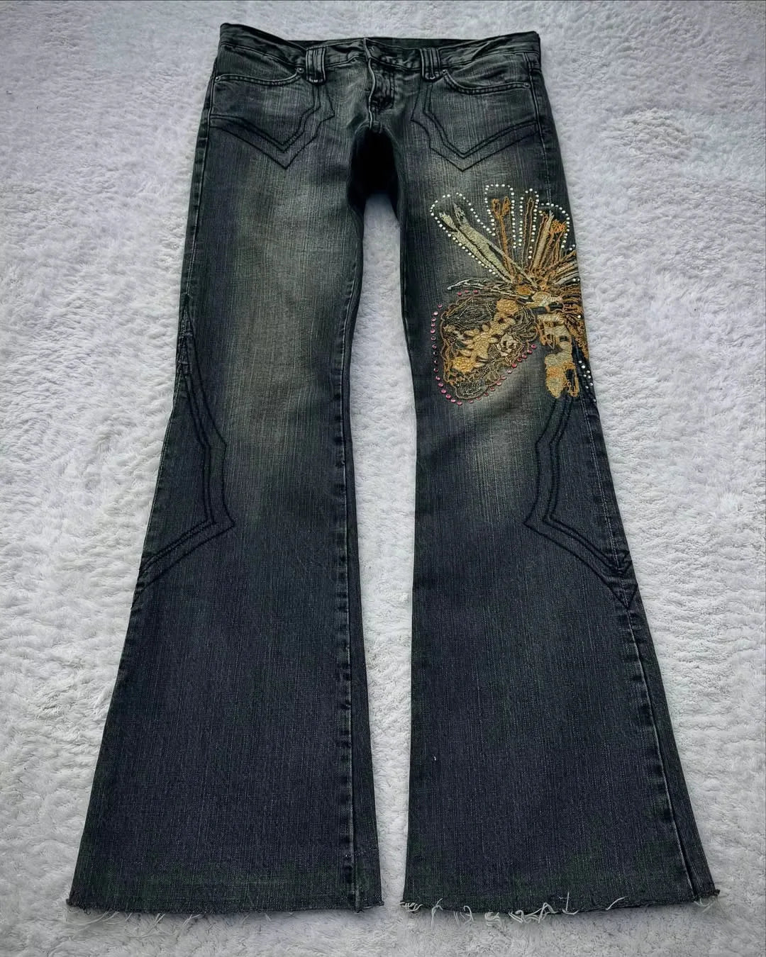 HOUZHOU Vintage Embroidery Patchwork Women Flared Jeans Y2k Harajuku Wide Leg American Style Denim Pants Baggy Punk Streetwear