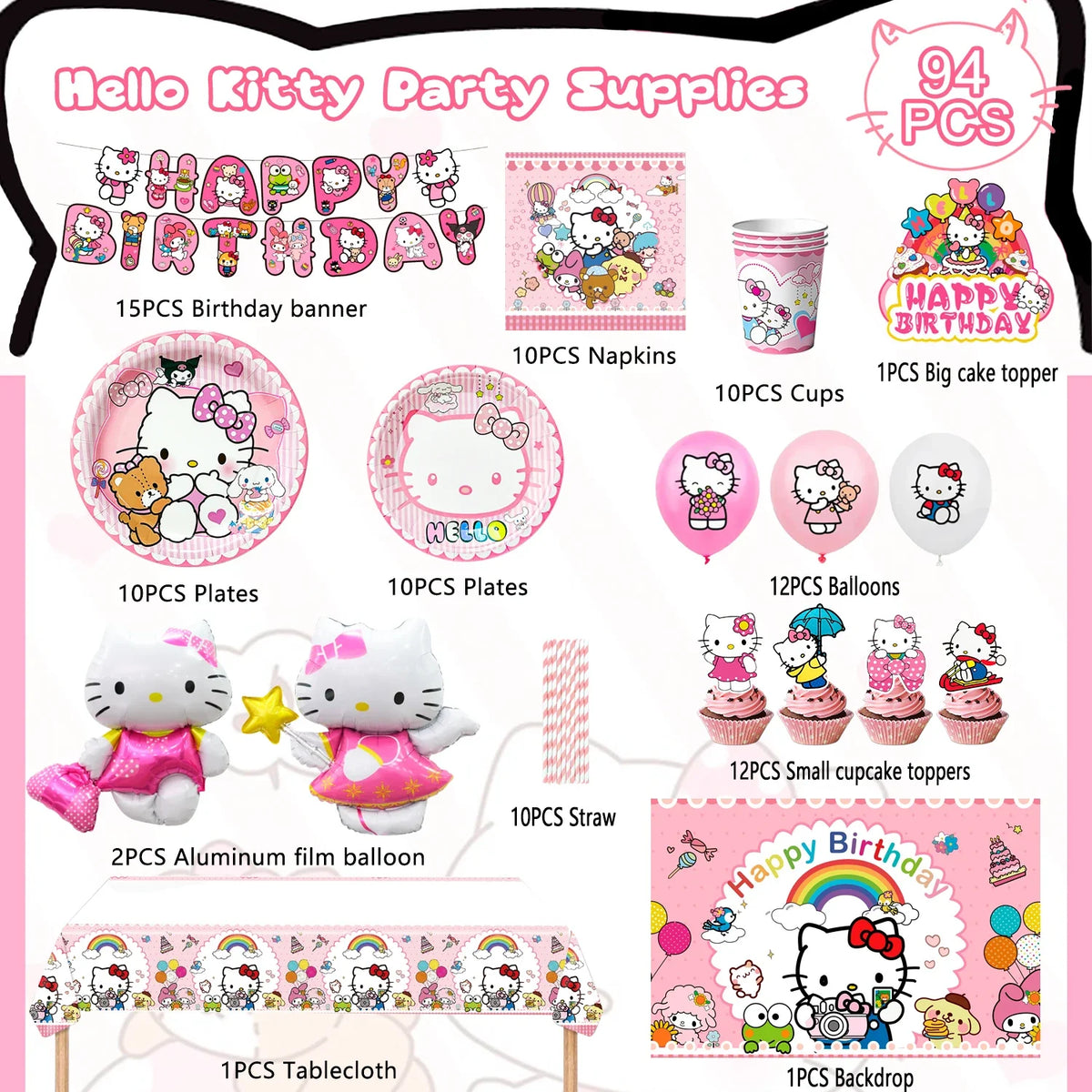 124 Pcs Hello Kitty Party Decorations & Tableware Set - Kitty Plates Backdrop Balloon Banner Etc Hello Kitty Birthday Decoration