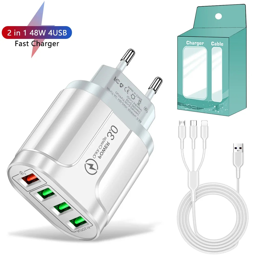 3in1 Cable 45W USB Charger Fast Charge QC 3.0 Wall Charging For iPhone 14 13 Samsung Xiaomi Mobile EU US Plug Adapter Travel