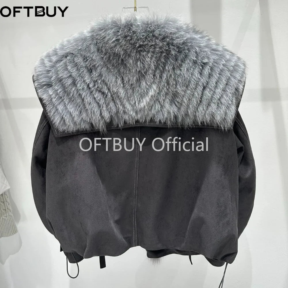OFTBUY Real Fox Fur Collar Goose Down Jacket Winter Windproof Heavy Padded Coat Women Cropped Puffer Jacket Casual Outerwear
