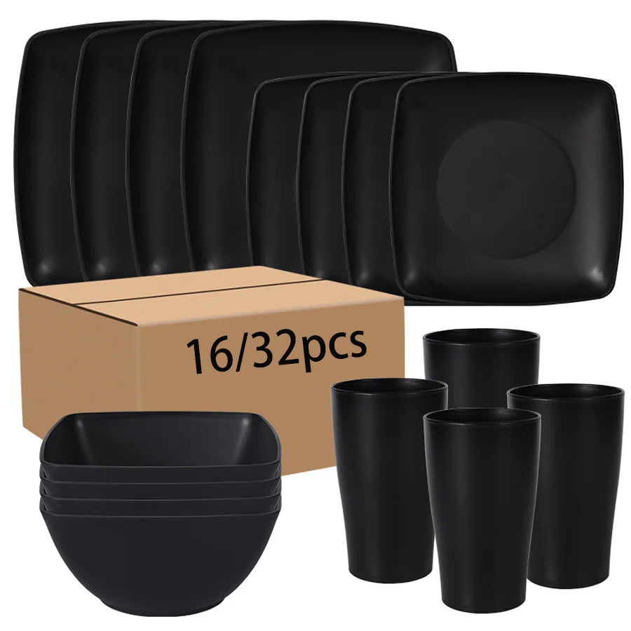 16/32 Square Plate Salad Bowl Tableware Set, Square Plate Bowl Cup, Dishwasher Washable