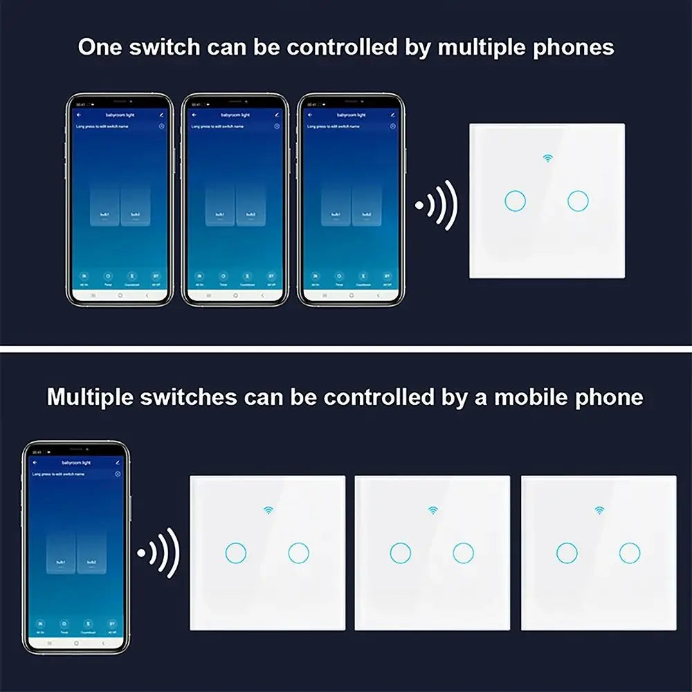 Wifi Smart Light Switch EU 1/2/3Gang Touch Light Switch No Neutral Wire Wall Light Switches Works with Tuya Smart Life App Alexa