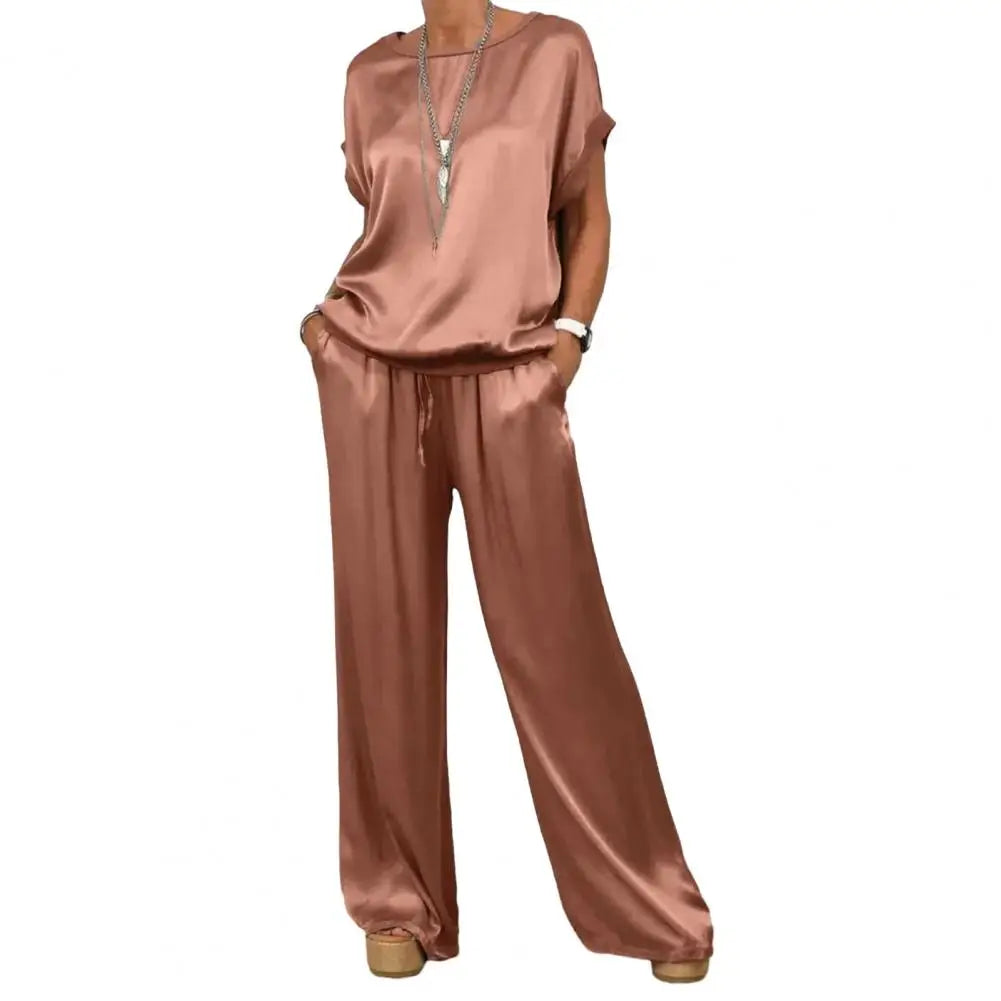 Simple Satin Women's Suits Summer Fashion Short Sleeve Loose Blouse Wide Leg Pants Two Piece Set For Women Casual Outfits