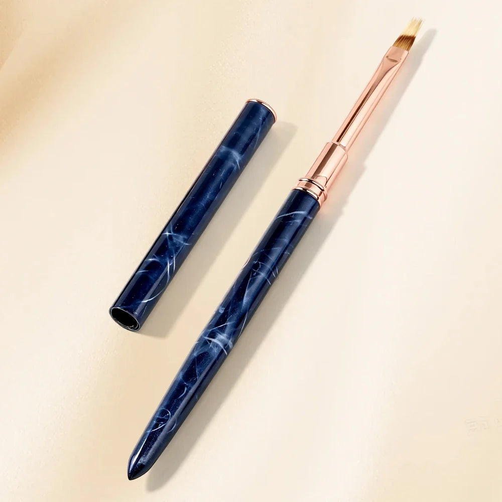 Portable Ombre Nail Art Brush with Dust Cap, Soft Nylon Bristles, Blue Marble Handle, Precision Blending Pen for Gradient Nail C
