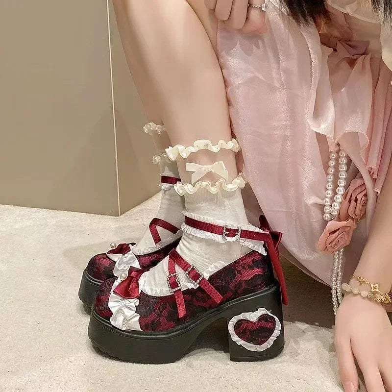 Fashion Mary Jane Women's Shoes Elegant Temperament Soft Sole Lace Lolita High Heels Beautiful Princess Shoes for Women Tacones
