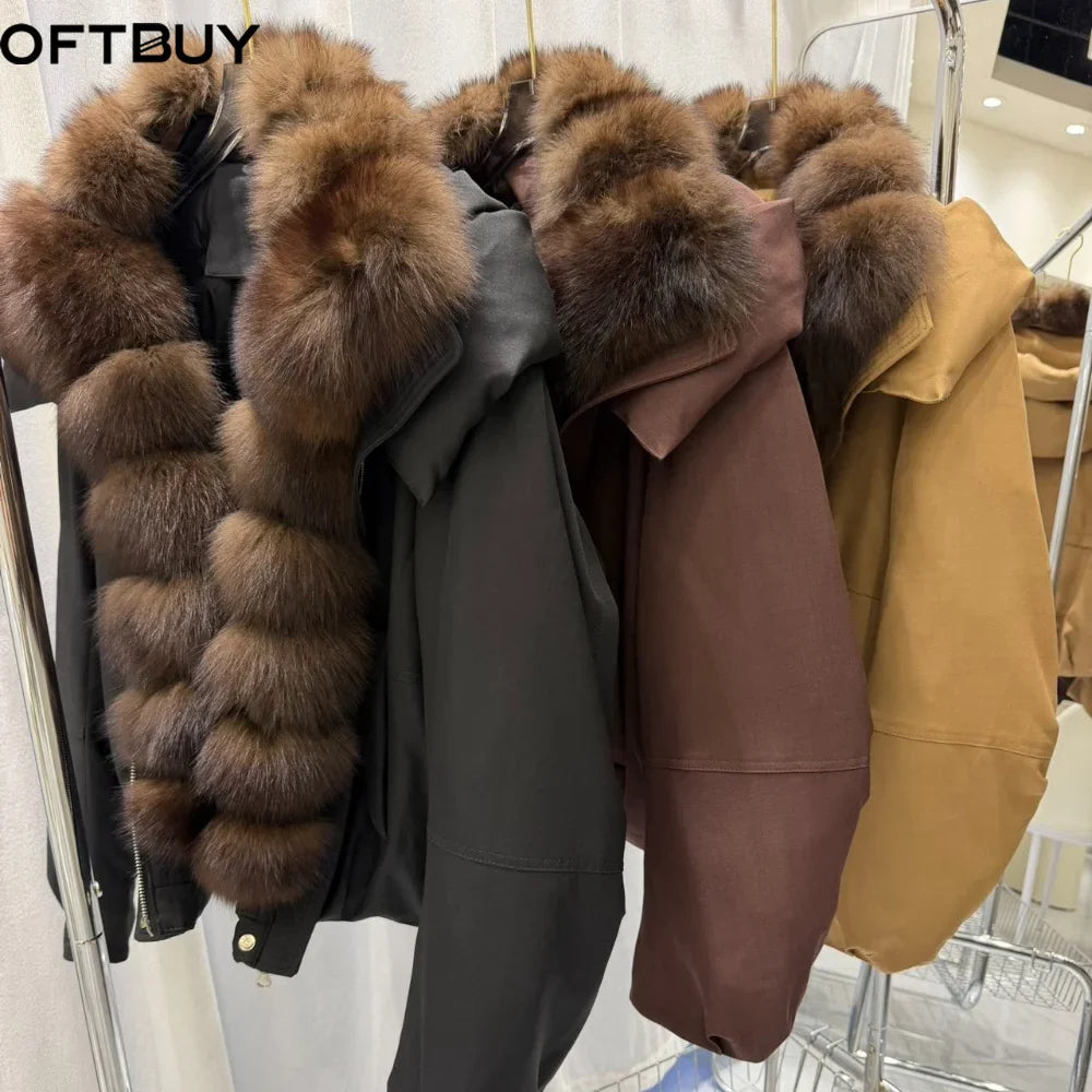 OFTBUY Women Hooded Large Fox Fur Coat Real Duck Down Parka Windproof Fabric Jacket Winter Drawstring Thick puffer jacket woman