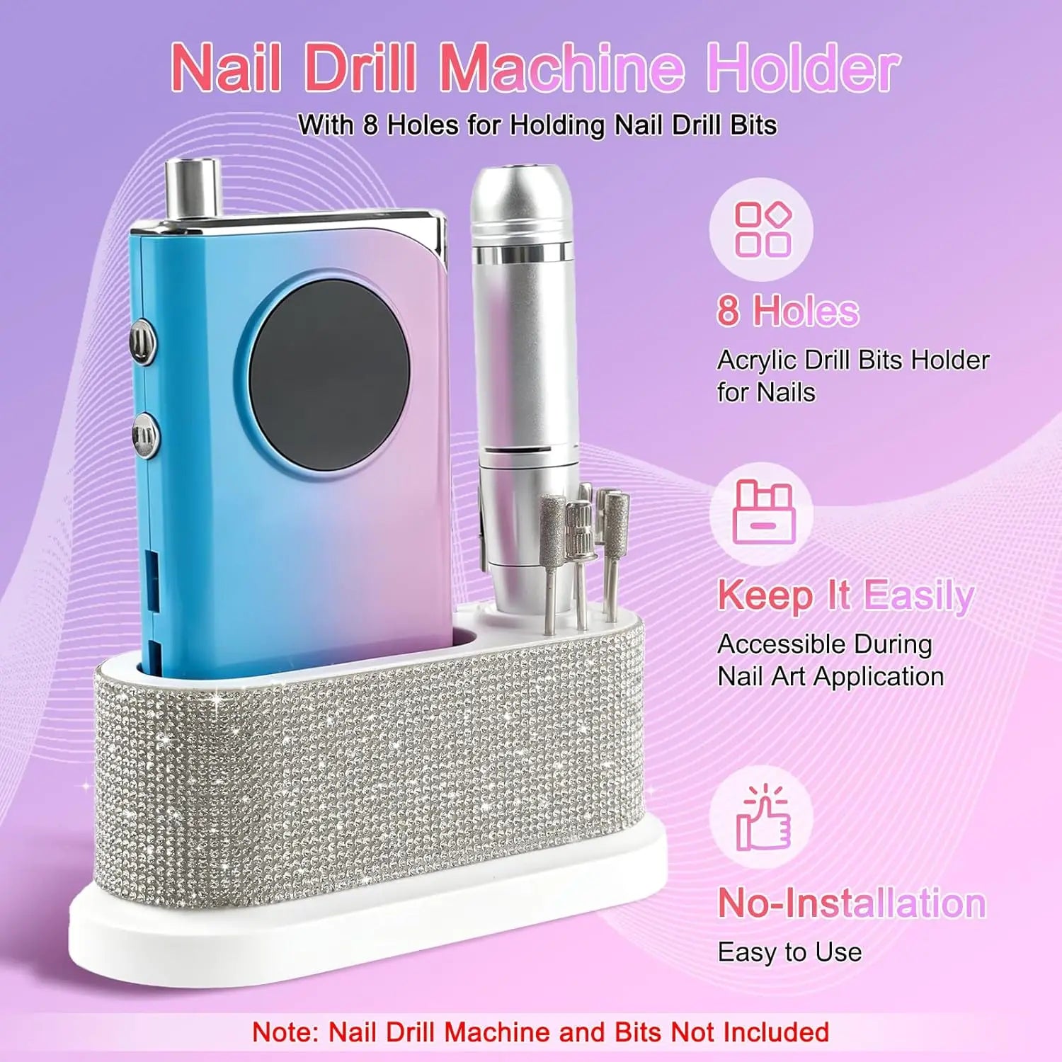 Nail Drill Machine Holder with White Rhinestones, 8 Holes Nail Drill Bit Holder, Nail Efile Stand and Organizer Storage Box Case