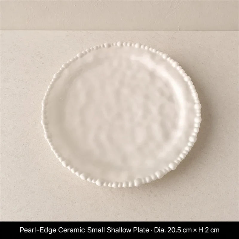 Color Value White French Pearl Edge Ceramic Dinnerware Set Elegant Steak Plate Bowl for Home Kitchen Dining