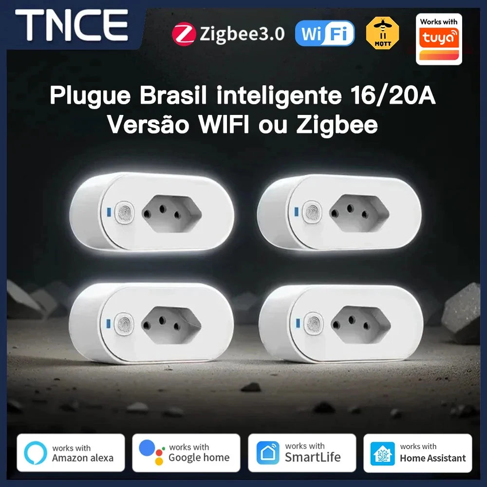 TNCE Tuya Brazil Plug 16/20A wifi or Zigbee3.0, socket with Power Monitor, Smart Life APP Remote control Voice Google Home Alexa