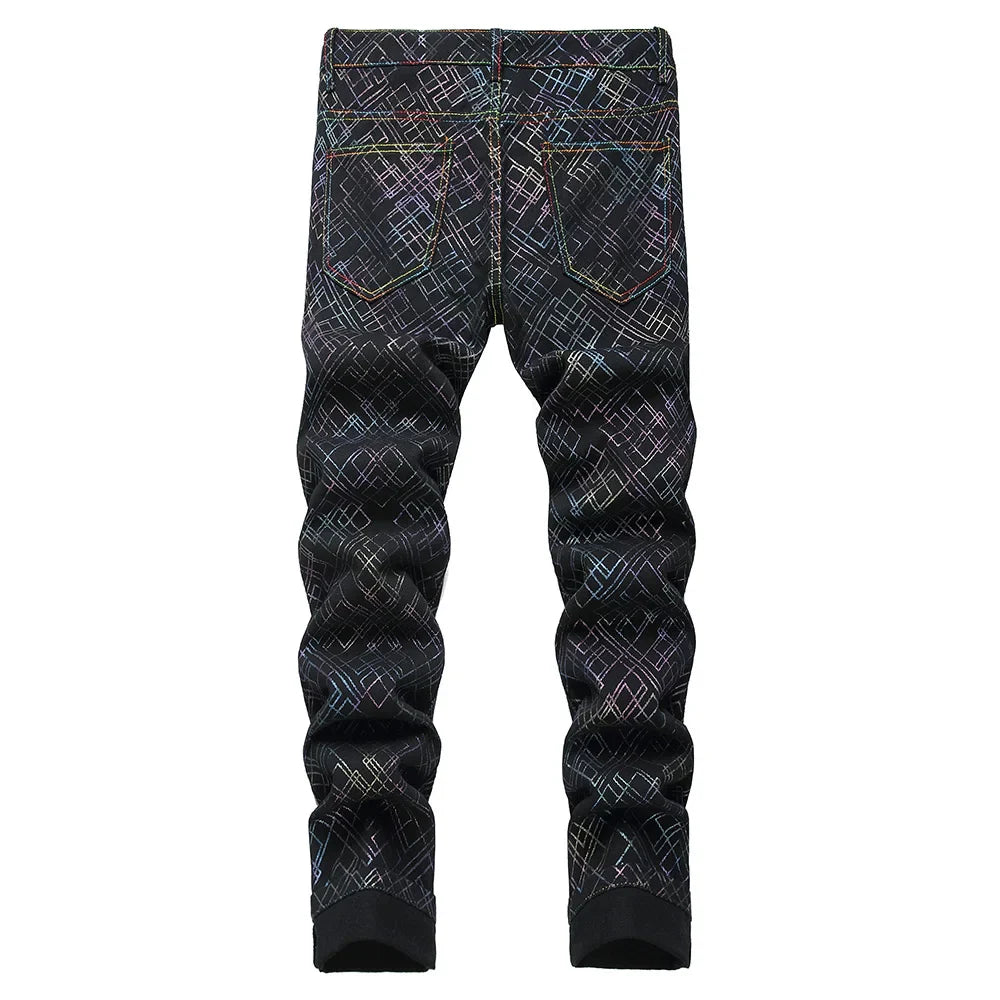 Men Printed Jeans Colored Shinning Geometry Plaid Painted Pants Black Stretch Denim Slim Straight Trousers