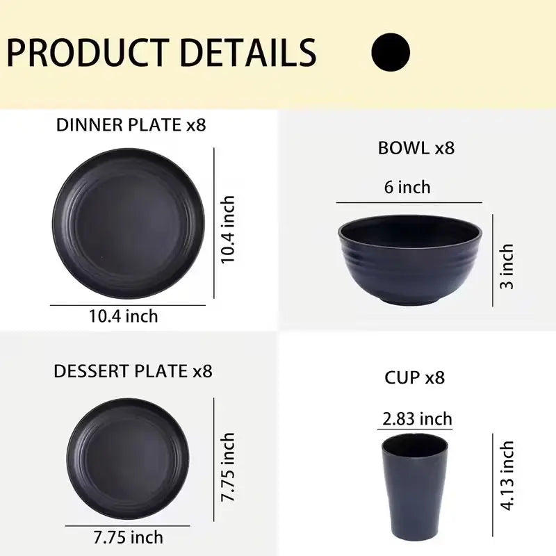 12pc Black Wheat Straw Dinnerware Sets - Dishes, Reusable Plastic Plates, Dishwasher And Microwave Plates And Bowls Sets, Bowls, Drinking Cups, Plastic Dishes For Camping, Party