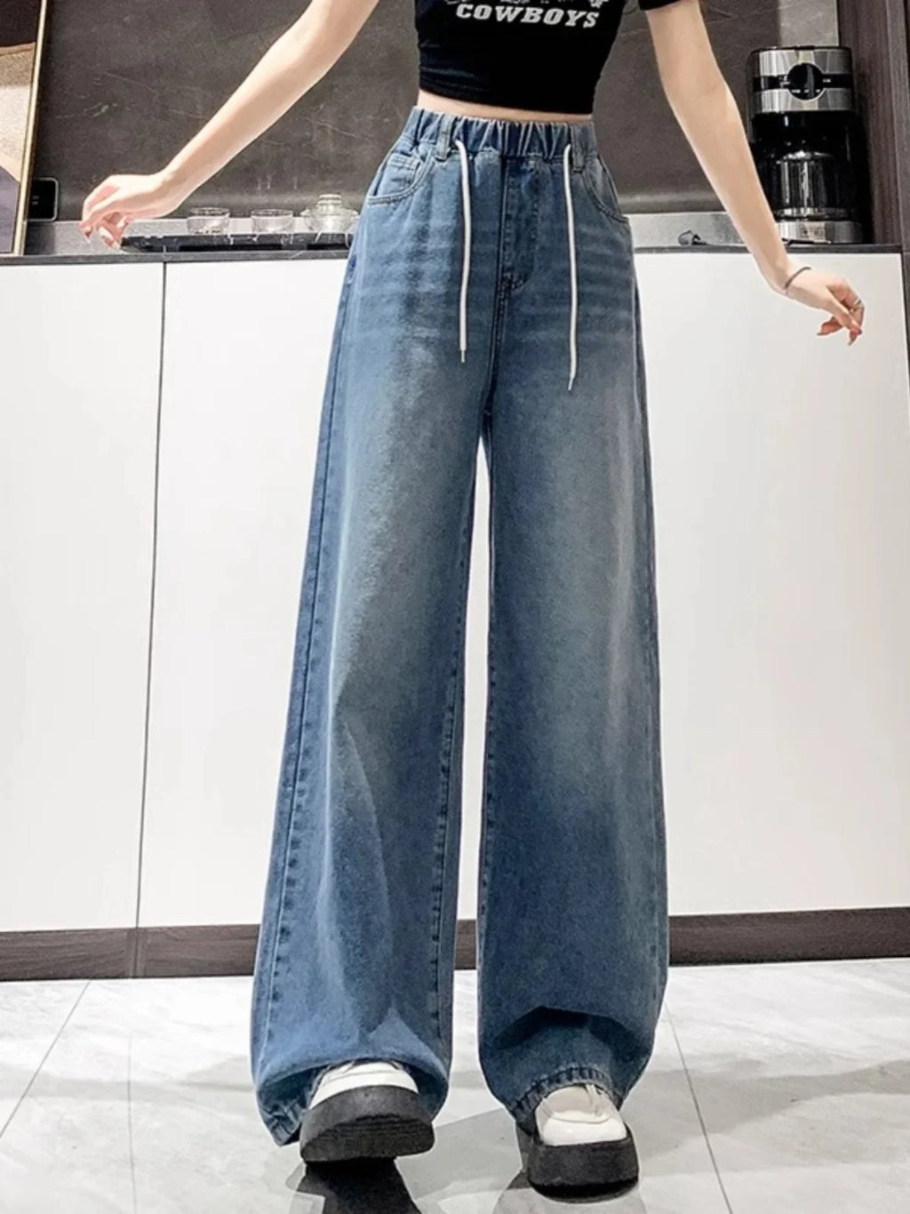 Loose Fit High Waist Wide Leg Jeans Women plus Size Light Blue Elastic Waist Dstring Trousers Autumn Faion plus Size