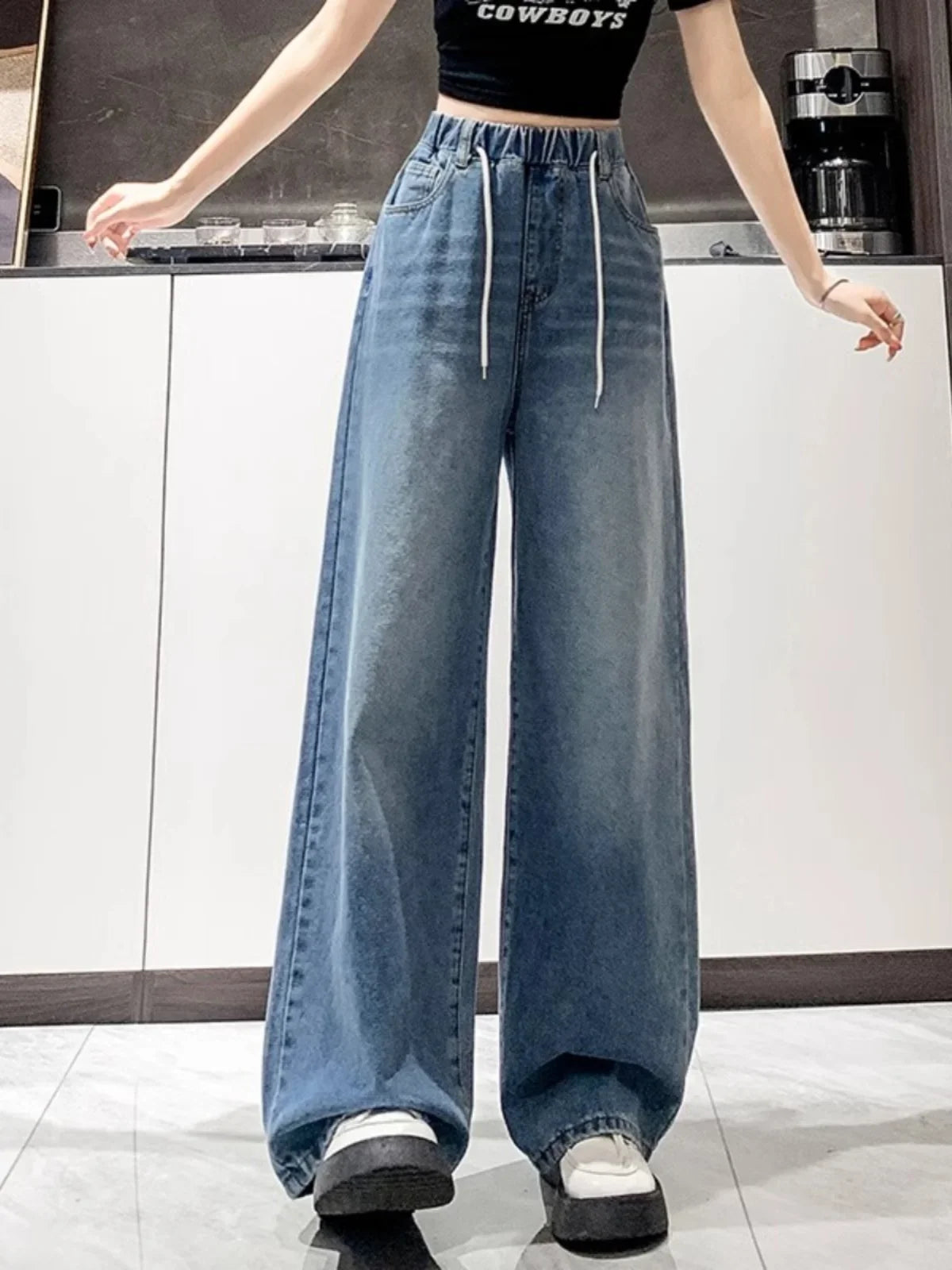 Loose Fit High Waist Wide Leg Jeans Women plus Size Light Blue Elastic Waist Dstring Trousers Autumn Faion plus Size