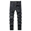 Men Printed Jeans Colored Shinning Geometry Plaid Painted Pants Black Stretch Denim Slim Straight Trousers