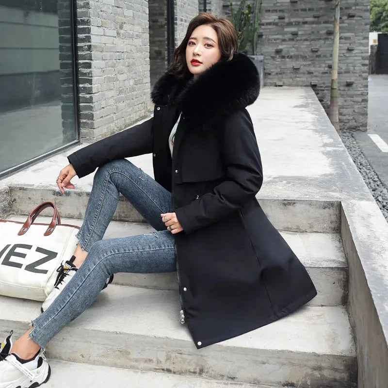Women's Winter Parka, Hooded Fur Collar Thick Warm Long Coat