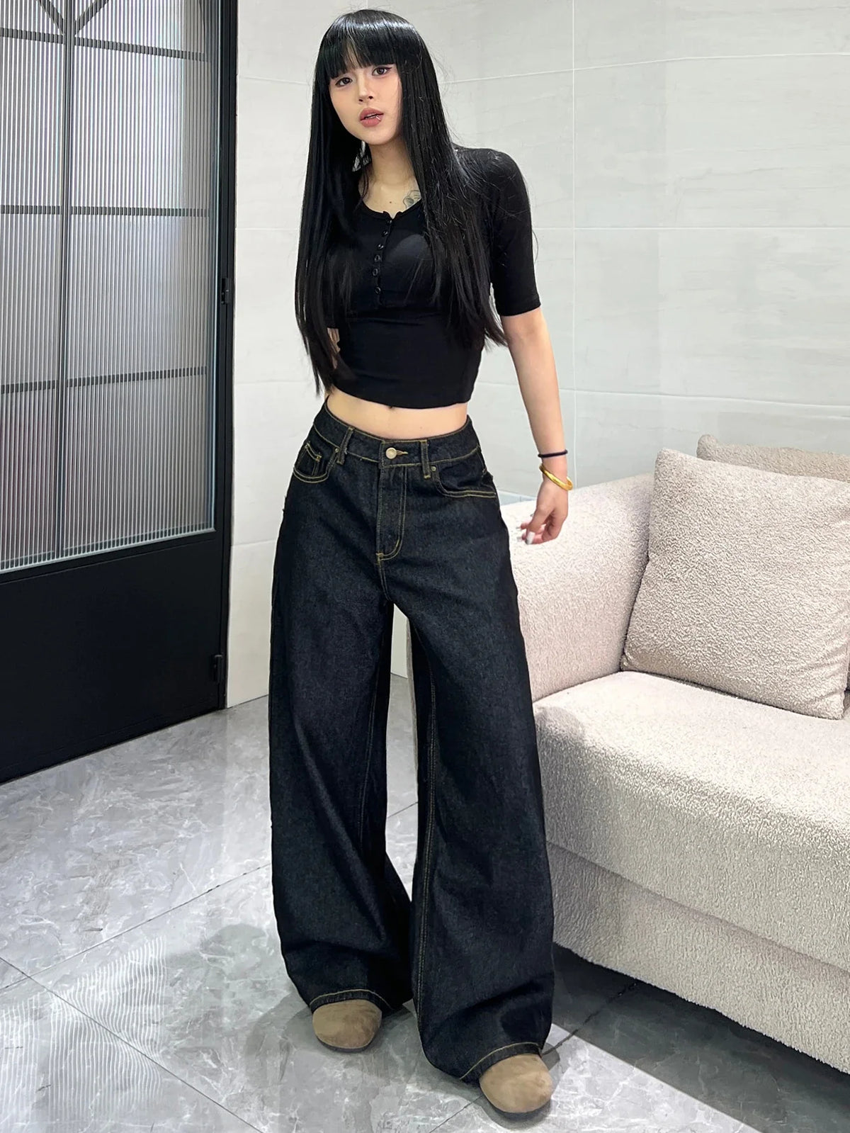 Women's Classic Black Loose American-Style Jeans, Trendy And Versatile Casual Wide-Leg Pants