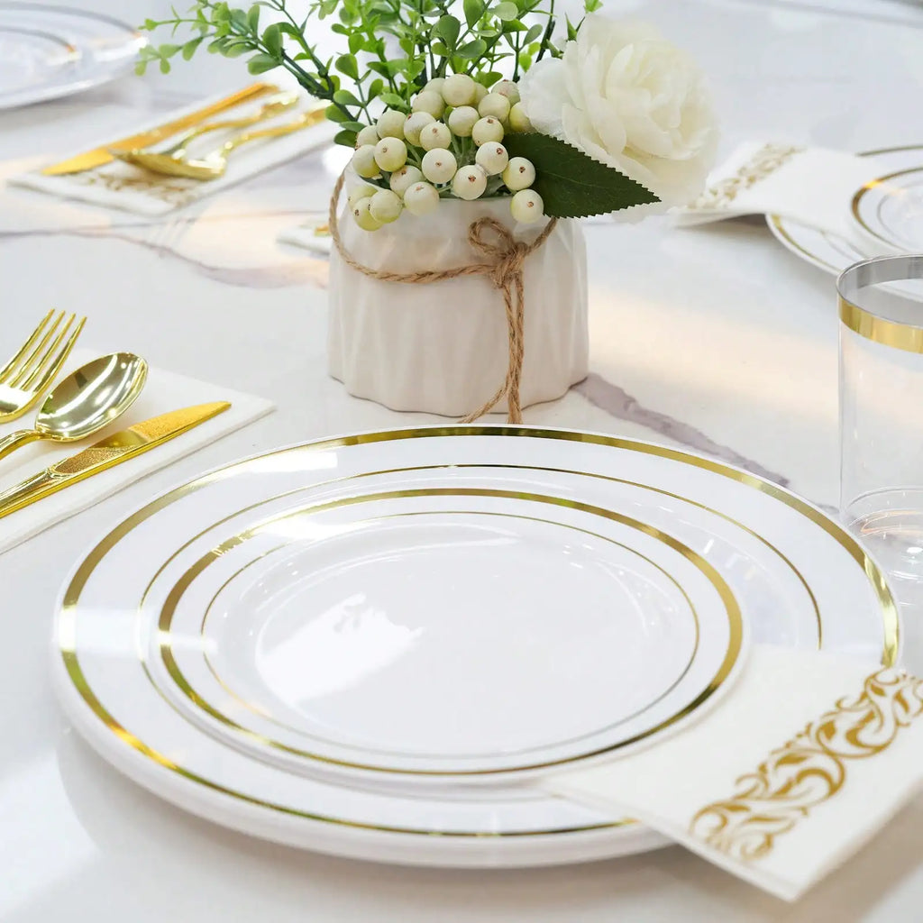 Disposable Dinnerware Set Elegant Luxury White Gold Rim Plastic Plates Gold Cutlery Cups Napkins 350 Pcs Serves 50 Guests Heavy Duty Party Tableware Set For Wedding Birthday Party Catering Showe