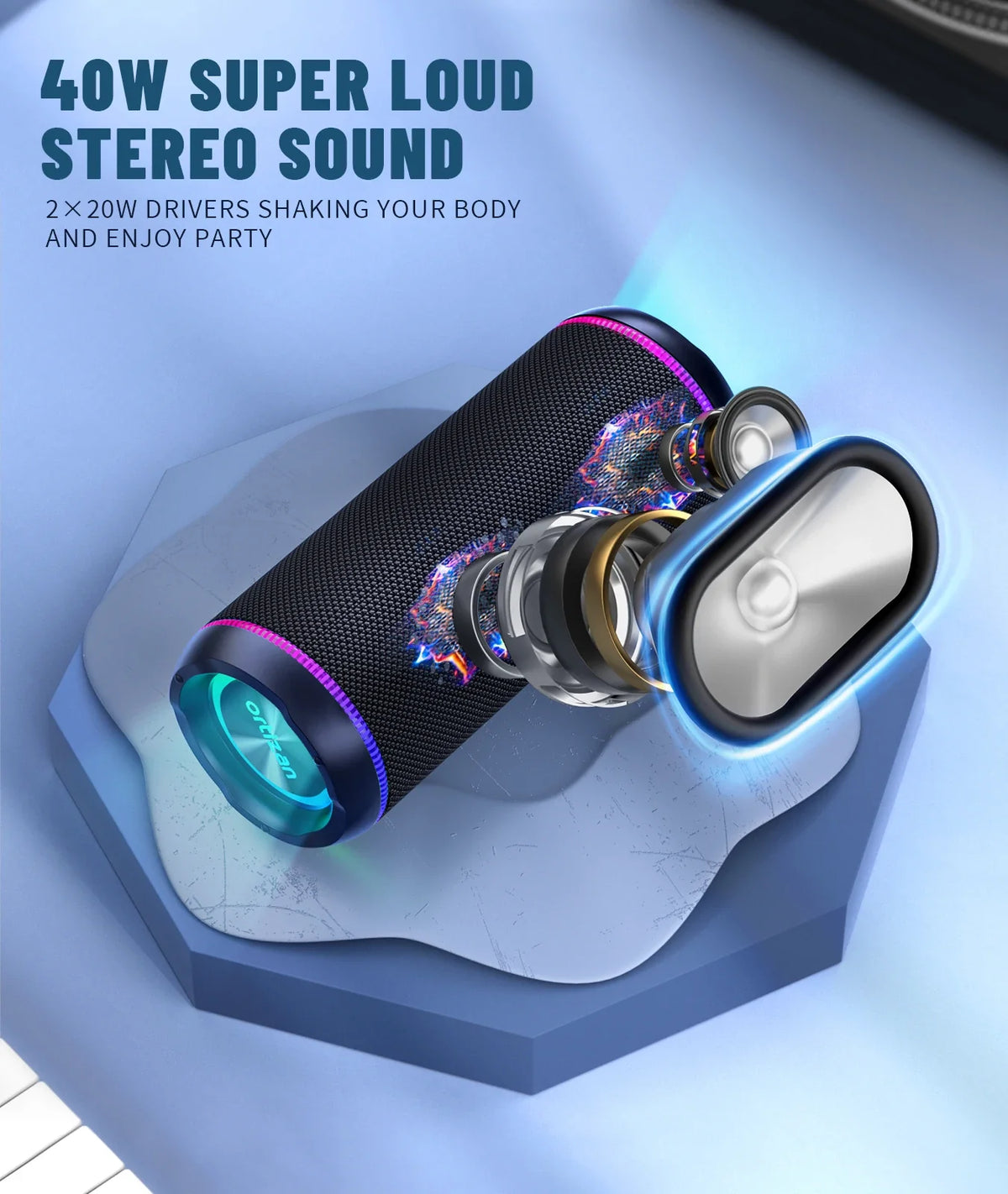 Ortizan X30 Portable Bluetooth Speaker 40W Outdoor IPX7 Waterproof Bass Boost Sound Box 3-EQ TWS Dual Pairing BT5.3 RGB Lights