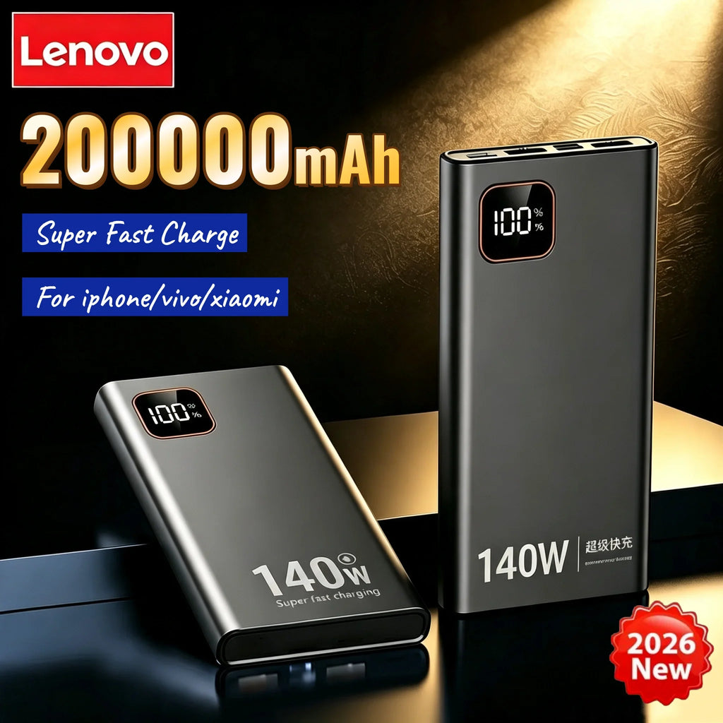 Lenovo 200000mAh 140W Super Fast Charging Power Bank Ultra Capacity Portable Charger New Arrival for iPhone Samsung