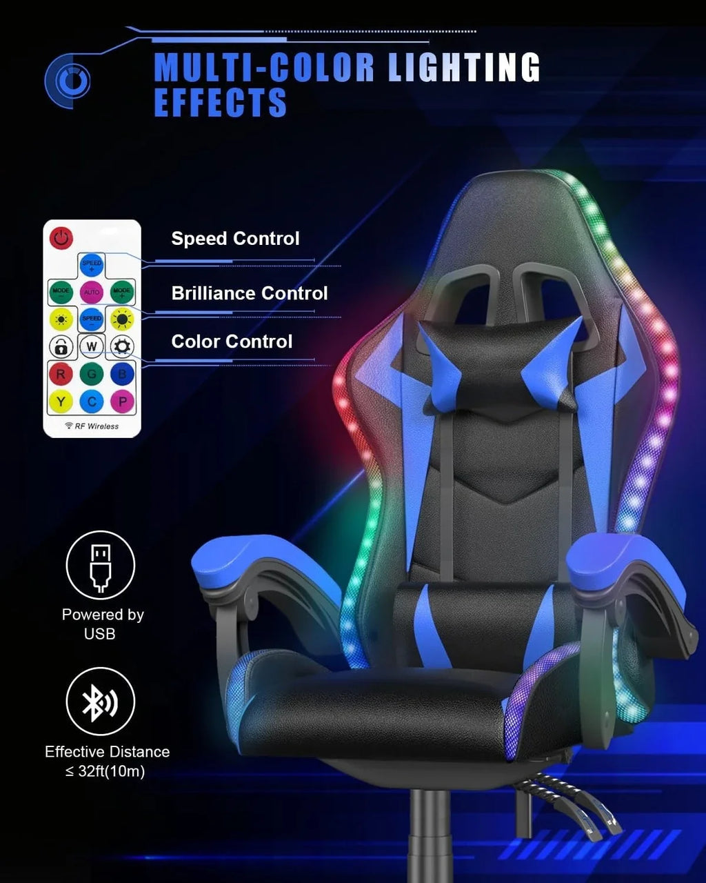 Gaming Chair with RGB LED Lights for Kids & Adults, High Back Ergonomic with Headrest and Lumbar (Black/Blue)