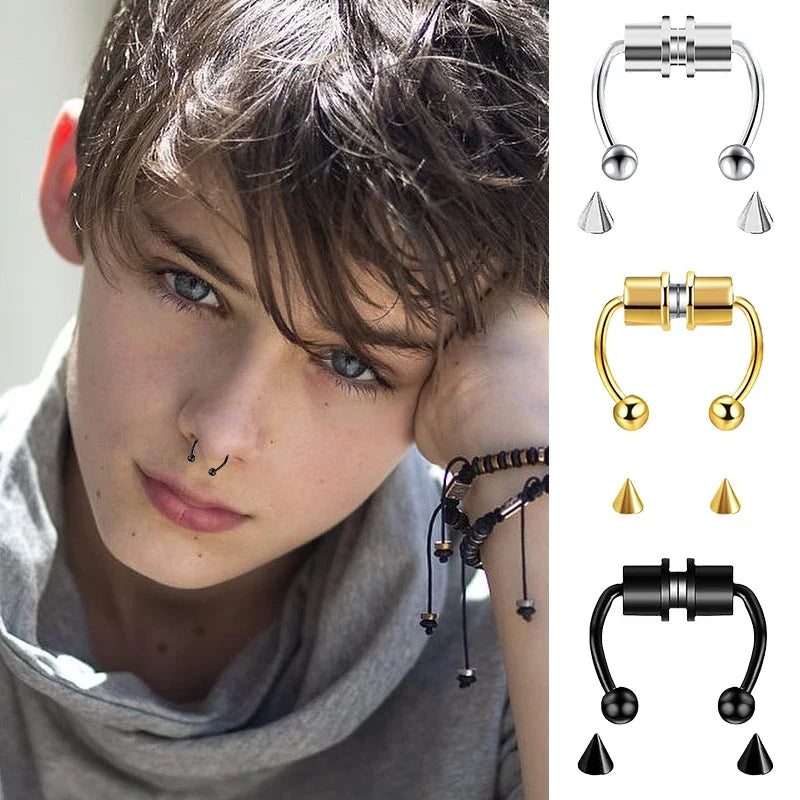 1/4Pcs Women Fake Piercing Nose Ring Hoop Septum Piercing Nose Clip Rock HipHoop Stainless Steel Magnet Fashion Body Jewelry