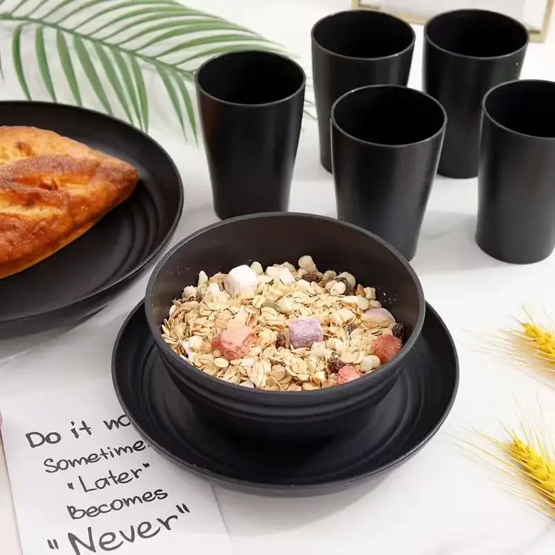 12pc Black Wheat Straw Dinnerware Sets - Dishes, Reusable Plastic Plates, Dishwasher And Microwave Plates And Bowls Sets, Bowls, Drinking Cups, Plastic Dishes For Camping, Party