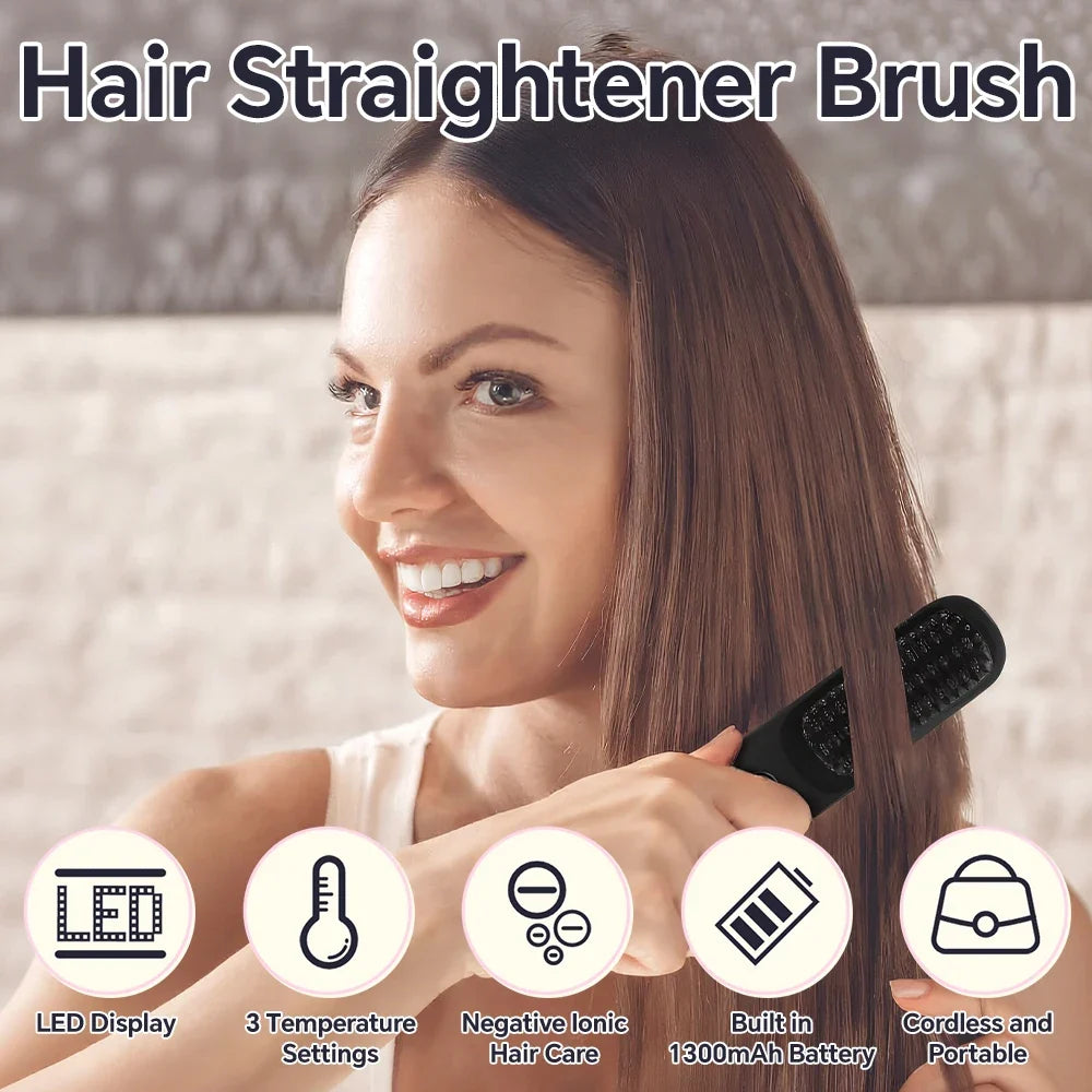 Rechargeable Hair Straightener Brush Ionic Hair Straightener Comb - 3 Temp Settings & Display, Straightening Brush for All Types