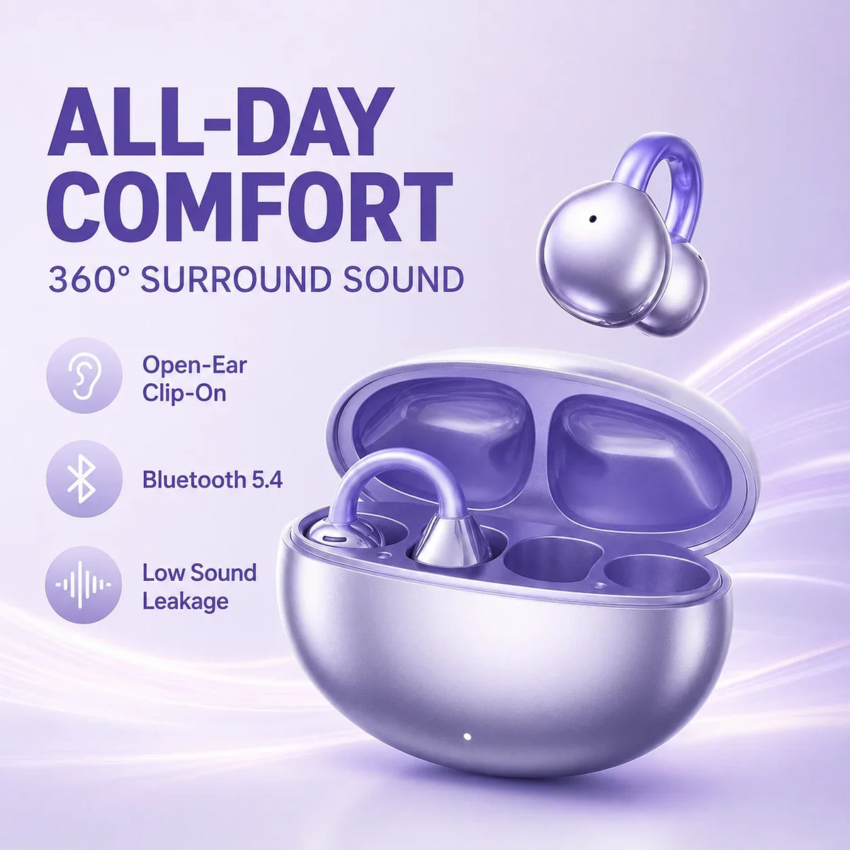 Open Ear Clip Wireless Headphones Bluetooth 5.4 Earphones with Long Battery Life, Sports Gaming Stereo Touch Control LED Mics