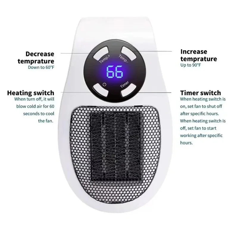 Fast Heating Portable Plug-in Wall Electric Heater Mini Radiator with Remote Control for Room Office Desk