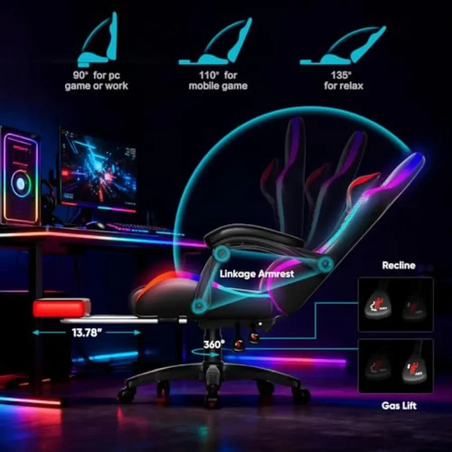 Gaming Chair for Adults and,Racing Style PU Leather Black with RGB LED Lights, Lumbar Massager, High Back Reclining Computer Ch