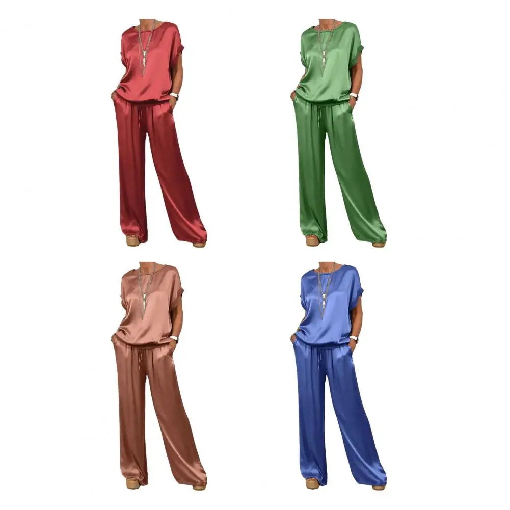 Simple Satin Women's Suits Summer Fashion Short Sleeve Loose Blouse Wide Leg Pants Two Piece Set For Women Casual Outfits